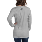 Gray long-sleeve shirt with Slot Cloth logo on back, worn by woman with hand on hip