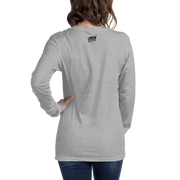 Gray long-sleeve shirt with Slot Cloth logo on back, worn by woman with hand on hip