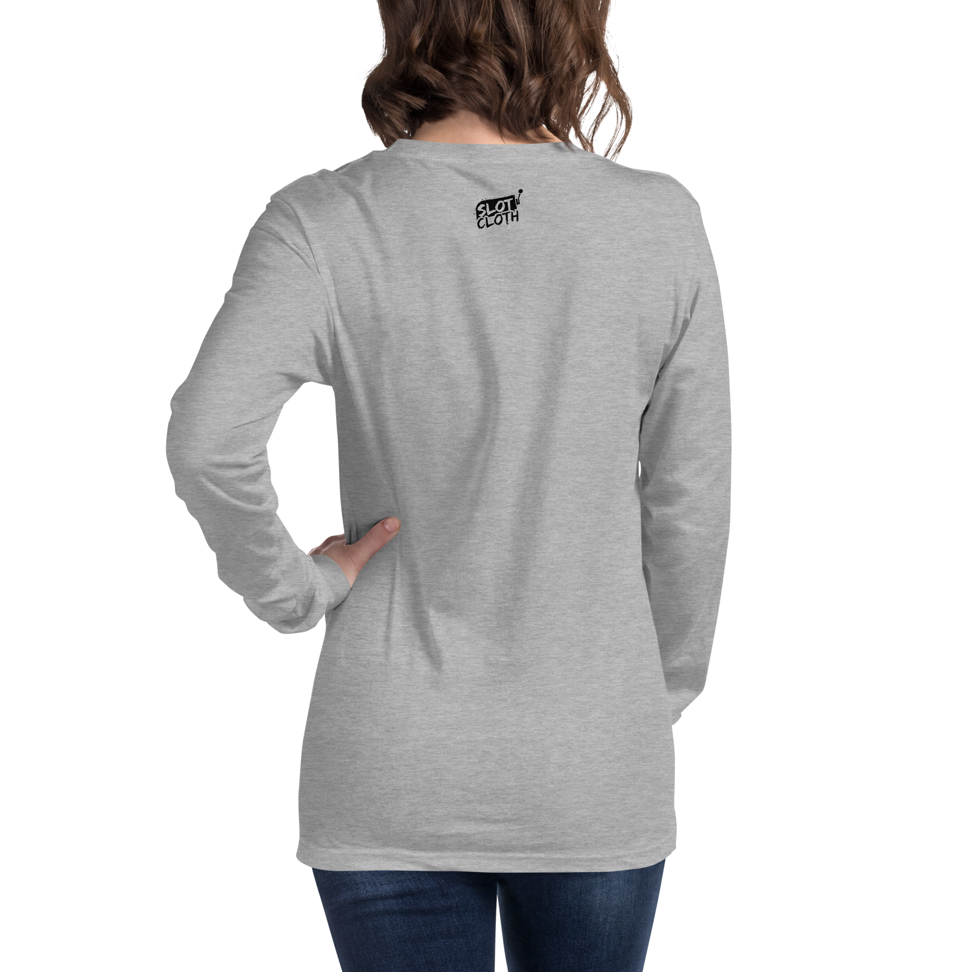 Gray long-sleeve shirt with Slot Cloth logo on back, worn by woman with hand on hip