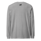 Gray long sleeve shirt with Slot Cloth logo on back, quirky slot-themed apparel for players