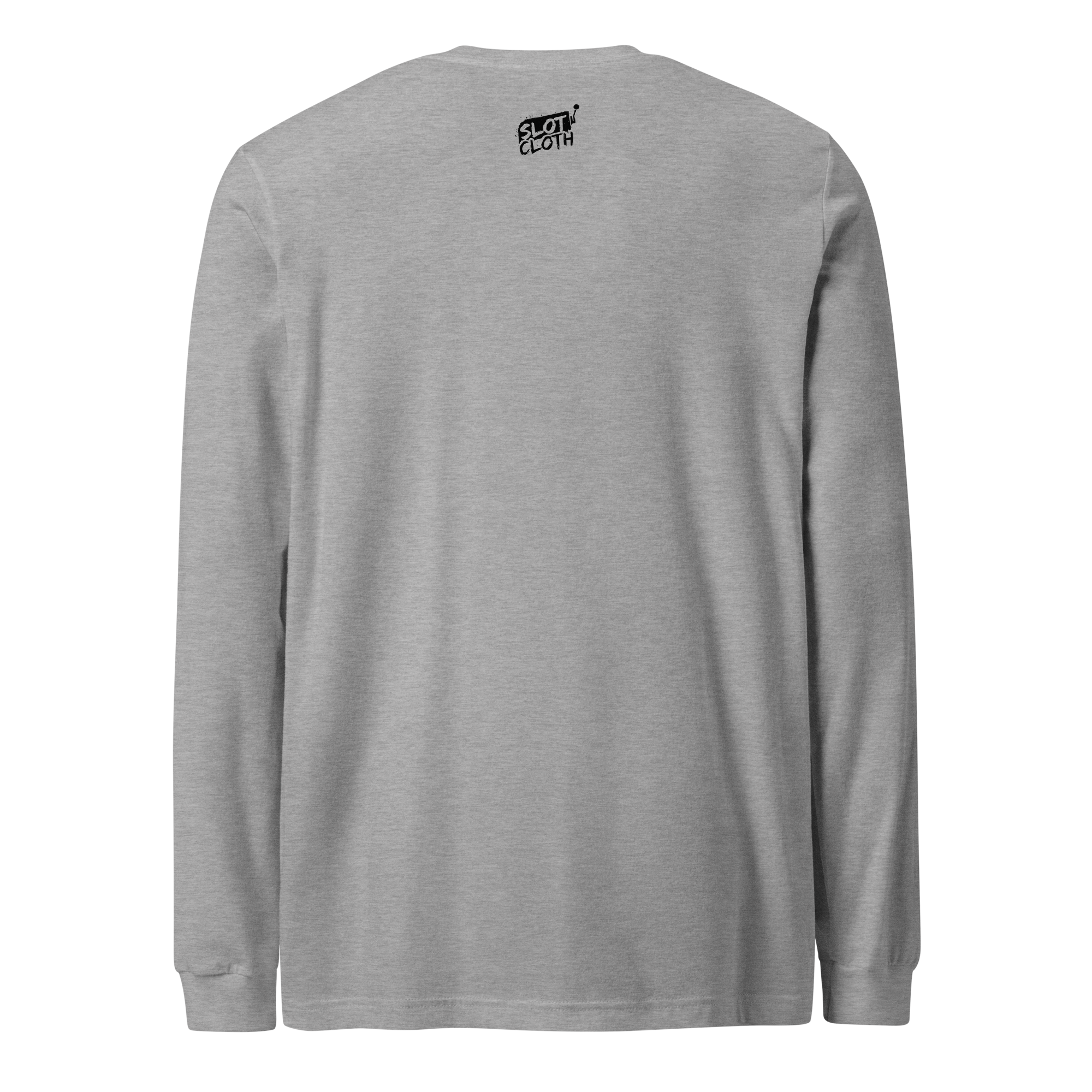 Gray long sleeve shirt with Slot Cloth logo on back, quirky slot-themed apparel for players