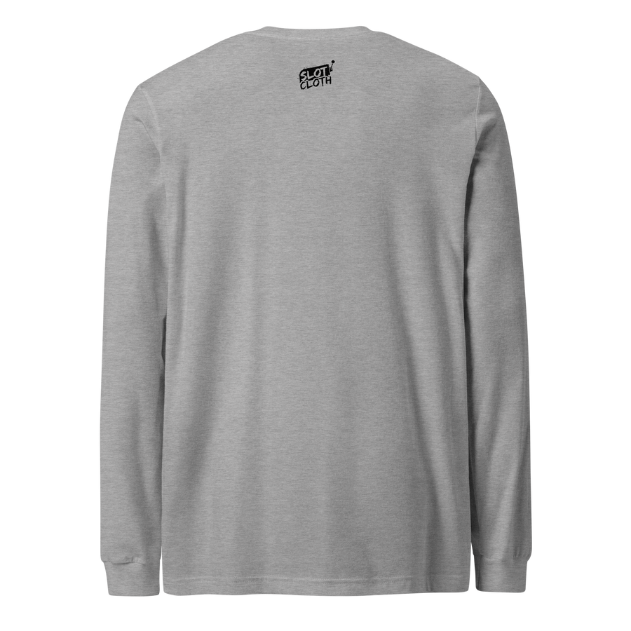 Gray long sleeve shirt with Slot Cloth logo on back, quirky slot-themed apparel for players