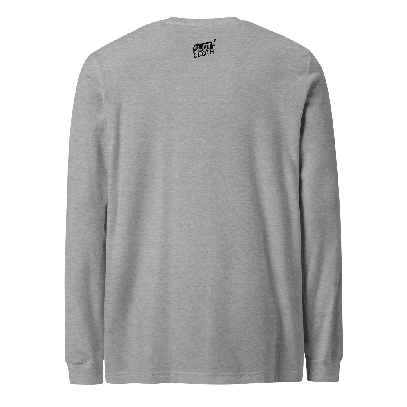 Gray long-sleeve shirt with small Slot Cloth logo on back, ideal for slot enthusiasts and casual wear.
