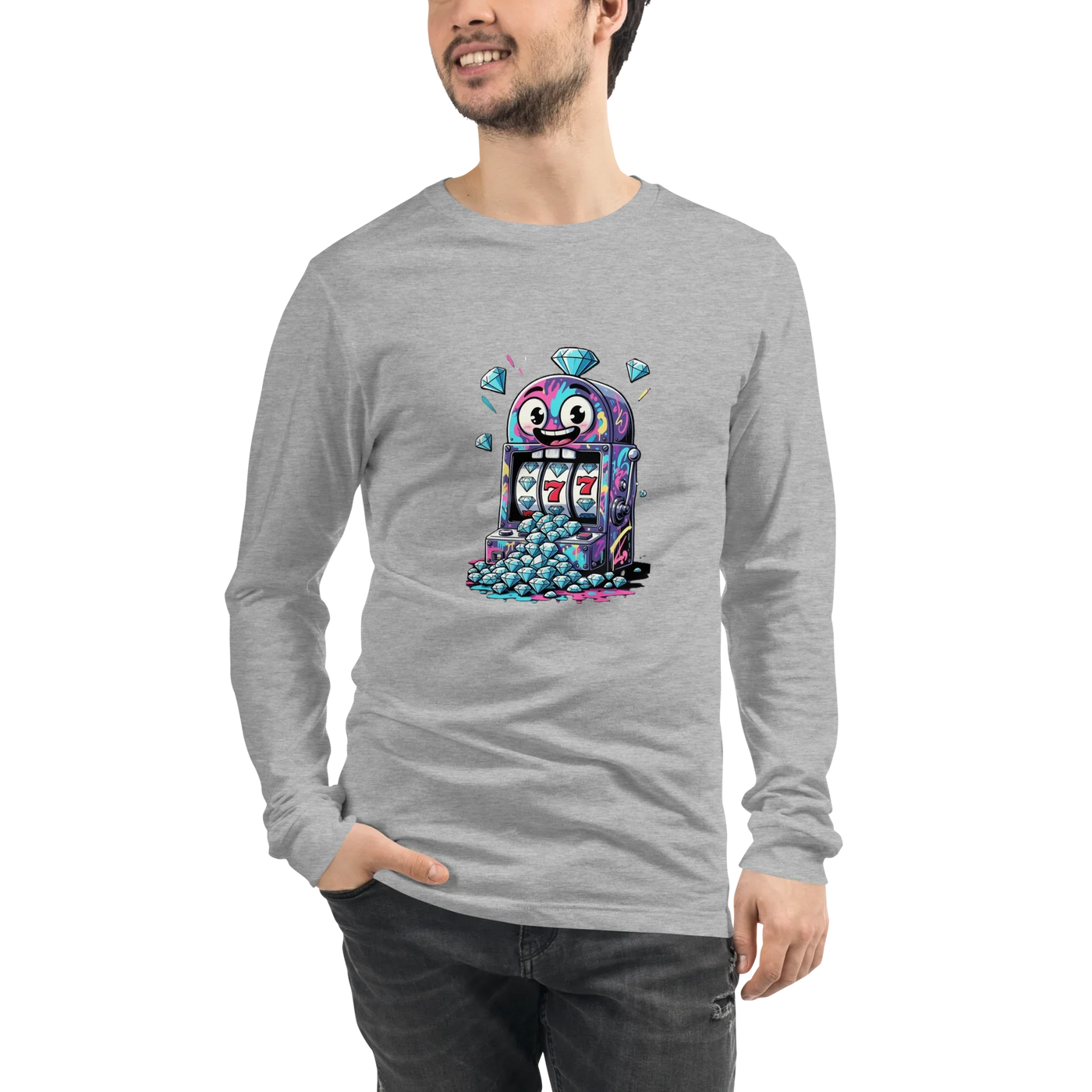 Gray long-sleeve shirt with quirky slot machine design featuring lucky 7s and diamonds