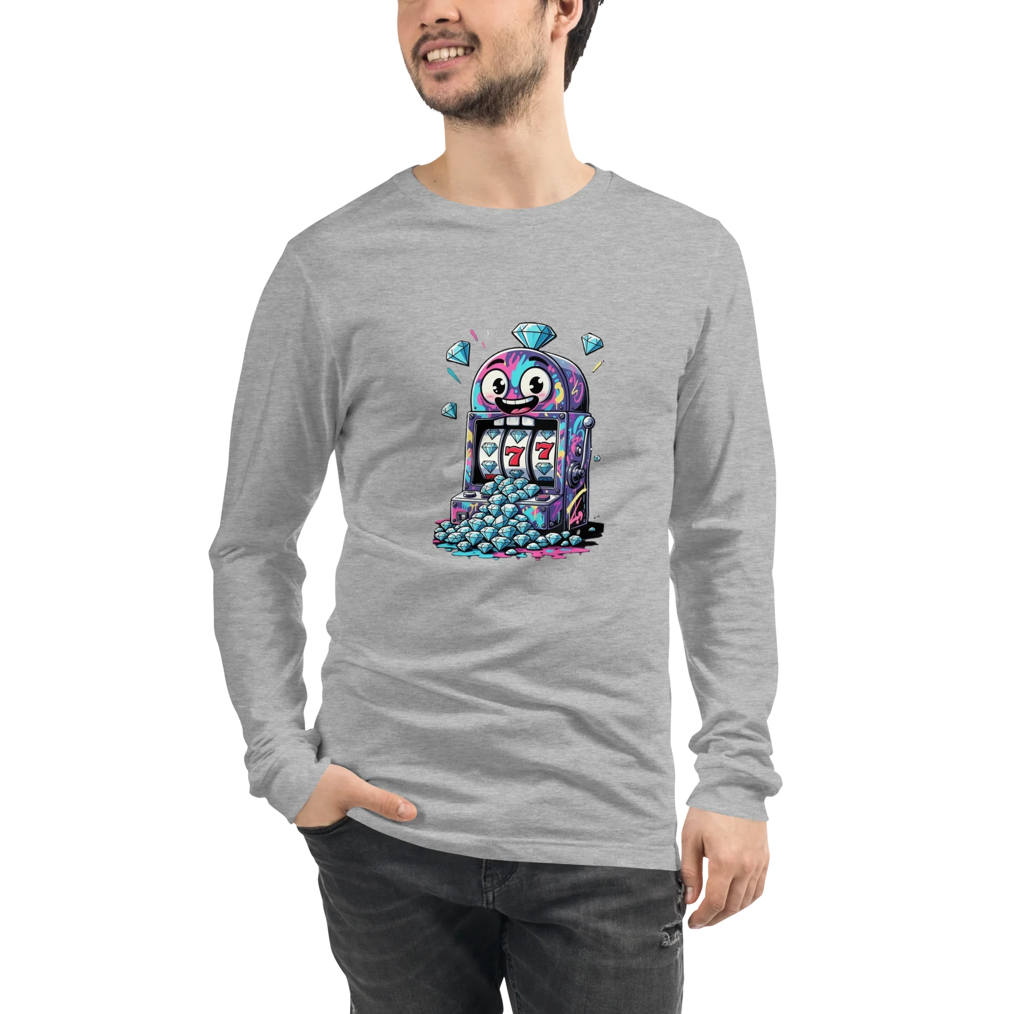 Gray long-sleeve shirt with quirky slot machine design featuring lucky 7s and diamonds