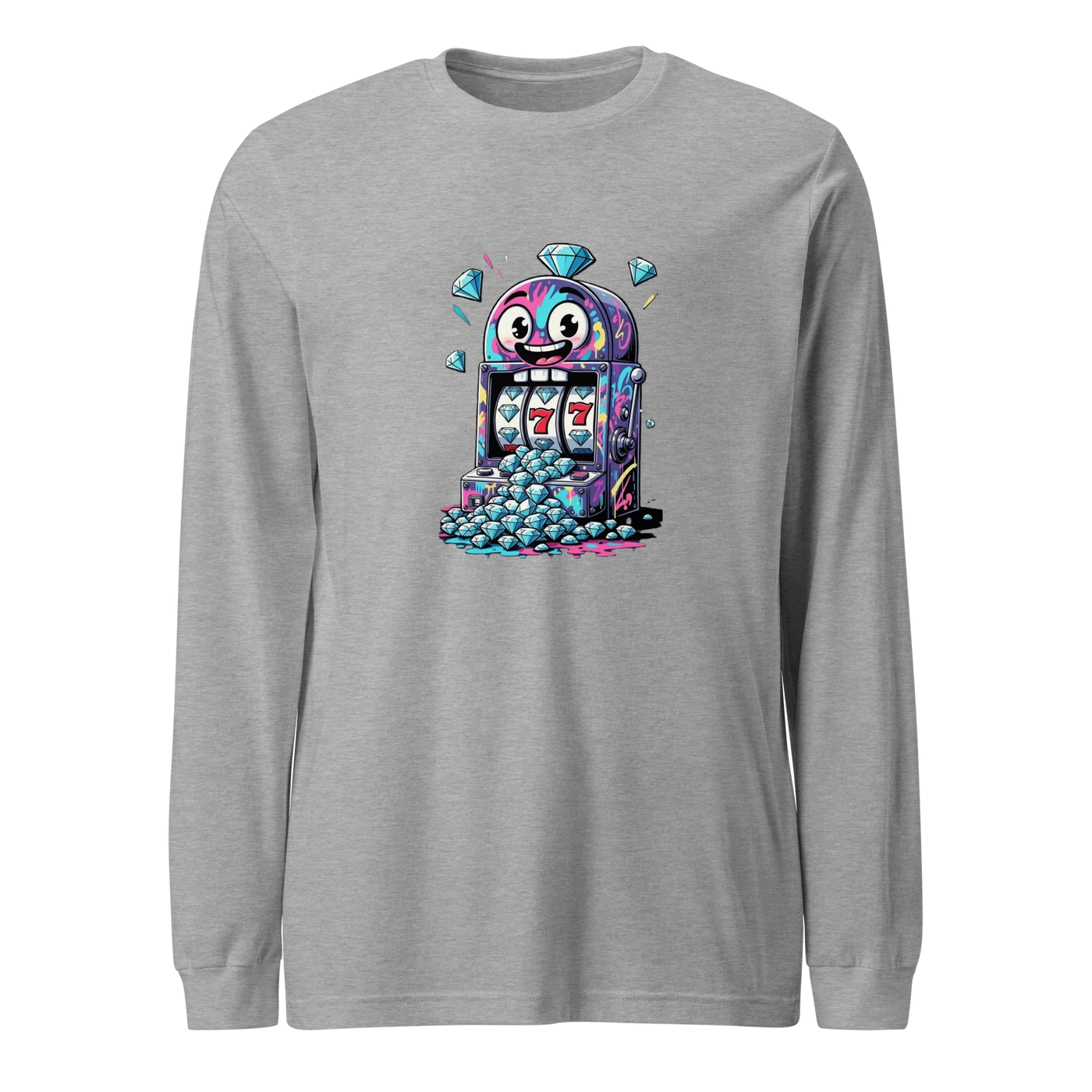 Gray long-sleeve shirt with colorful slot machine graphic featuring lucky 7s and diamonds