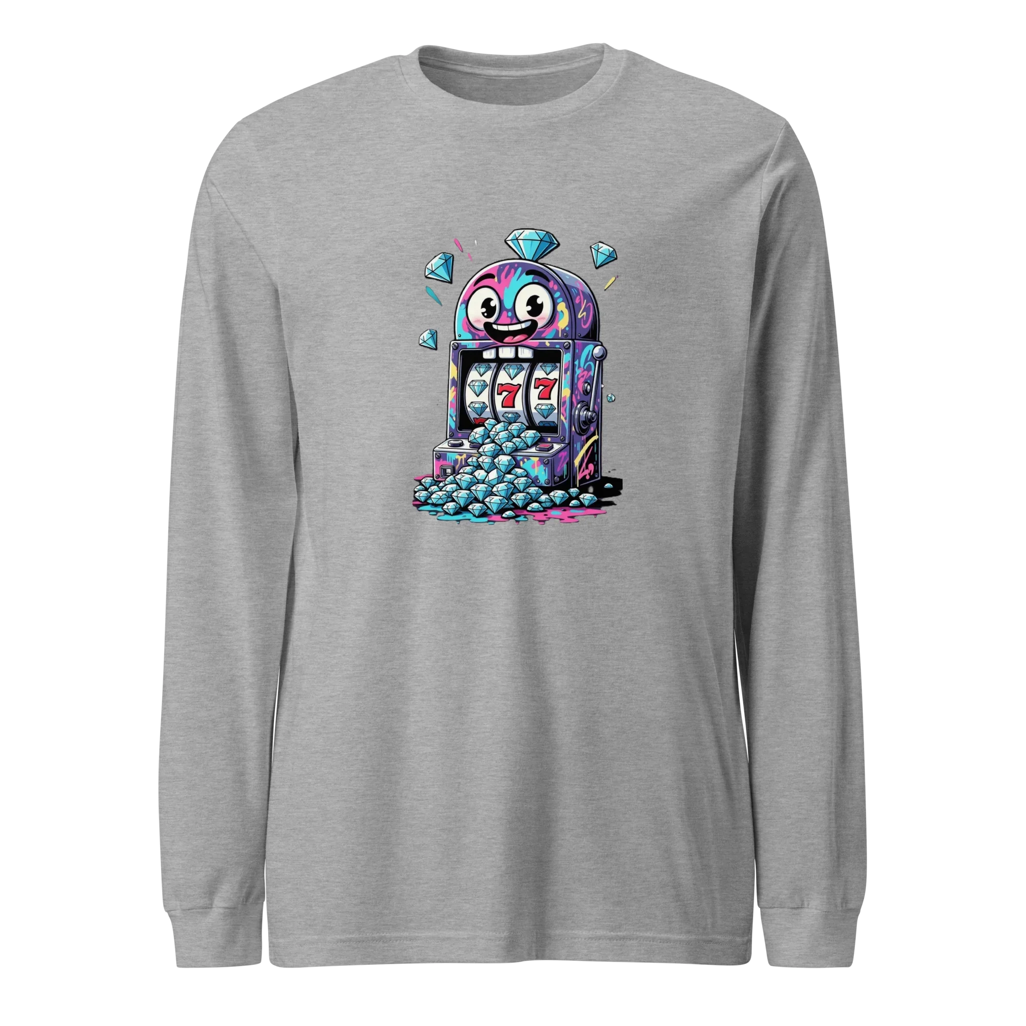 Gray long-sleeve shirt with colorful slot machine graphic featuring lucky 7s and diamonds