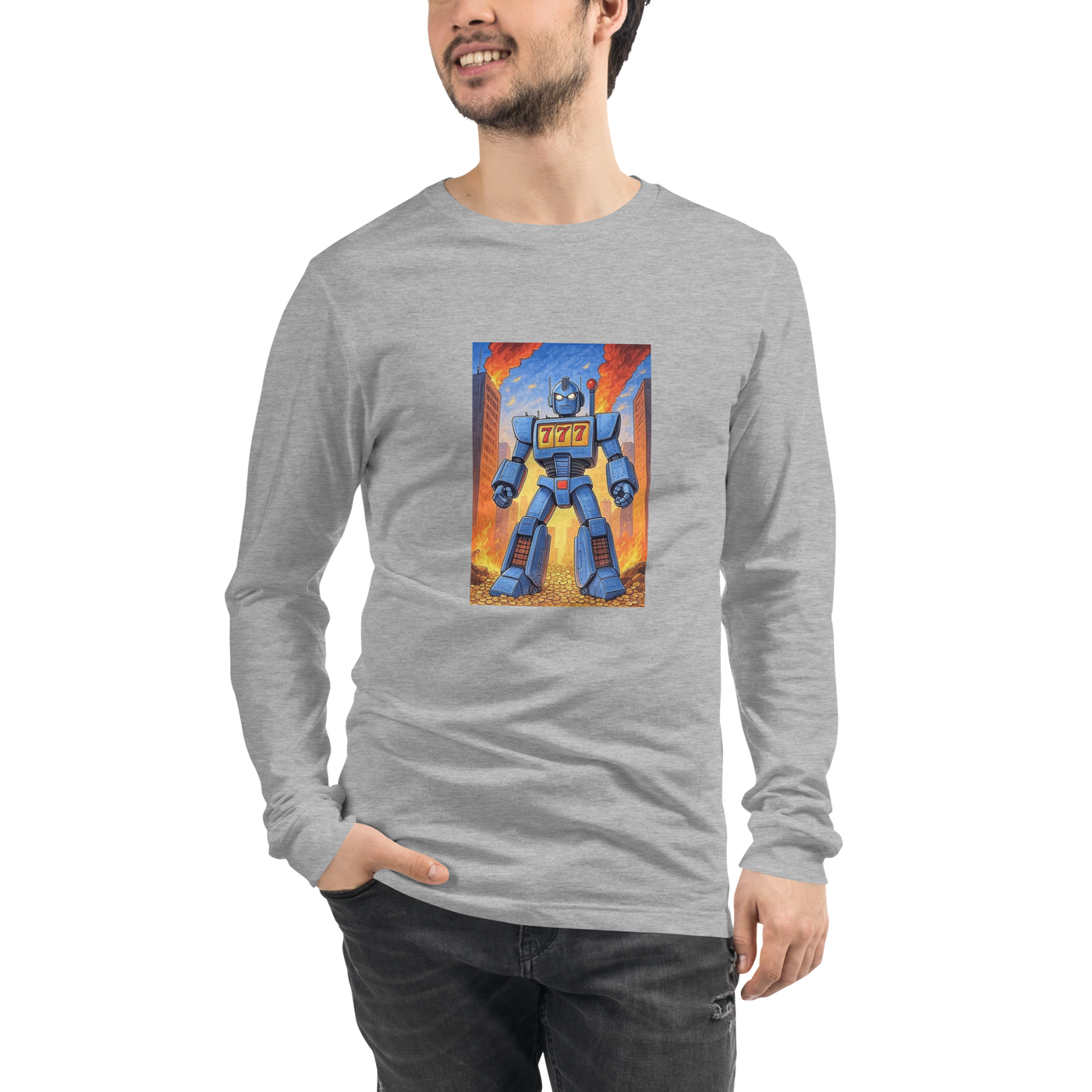 Gray long sleeve shirt with blue robot and 777 slot machine graphic, quirky gaming apparel
