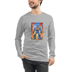 Gray long sleeve shirt with blue robot and 777 slot machine graphic, quirky gaming apparel