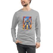Gray long sleeve shirt with blue robot and 777 slot machine graphic, quirky gaming apparel