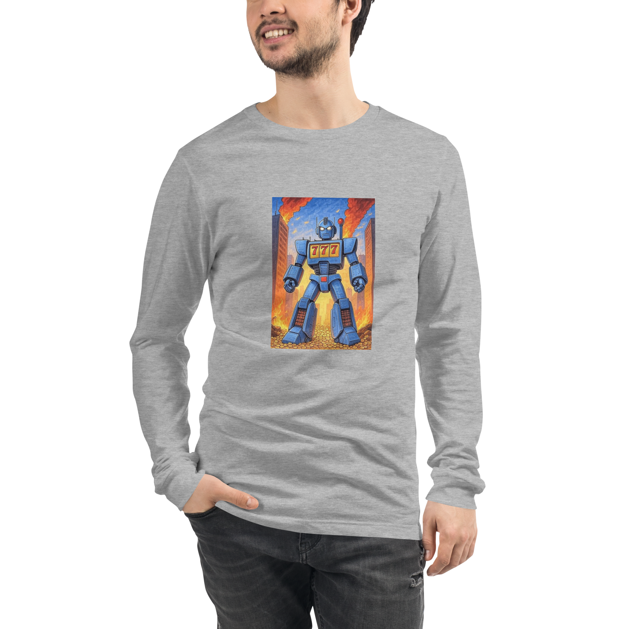 Gray long sleeve shirt with blue robot and 777 slot machine graphic, quirky gaming apparel