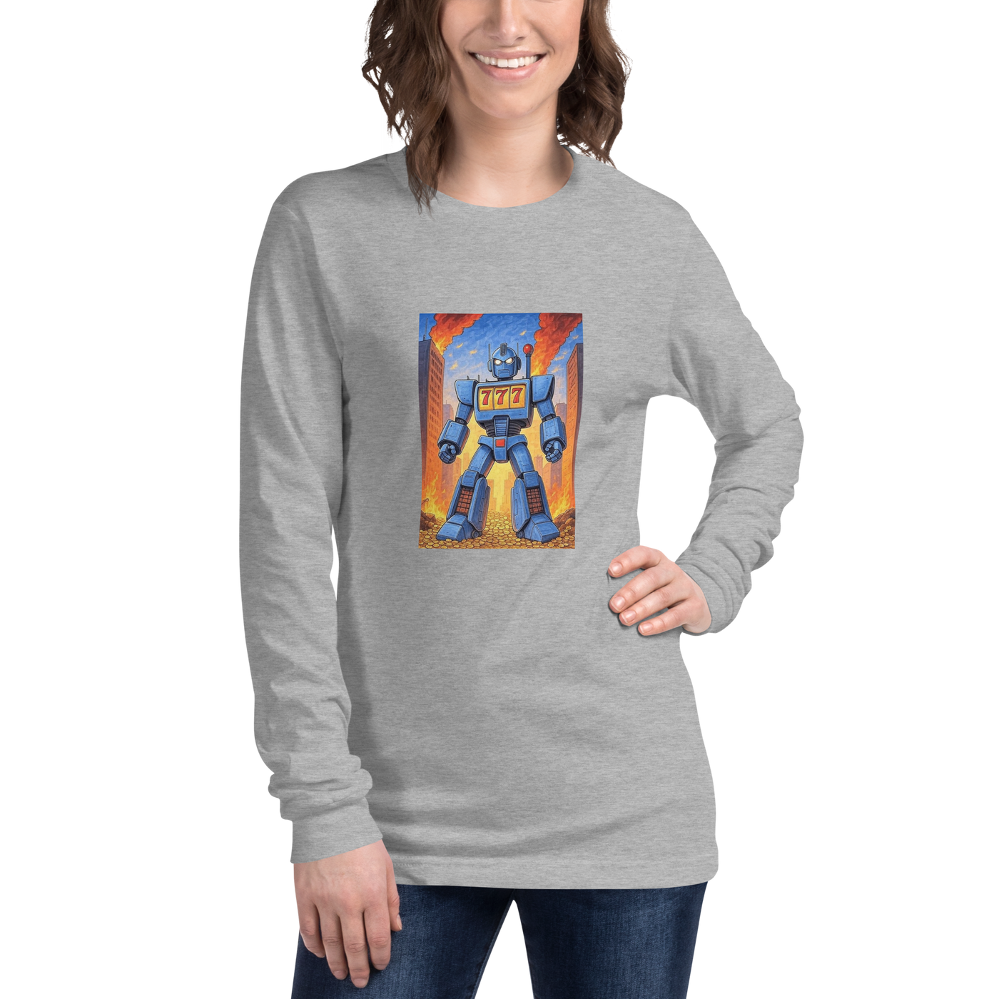 Gray long-sleeve shirt with blue robot and 777 slot design, perfect for gaming fans