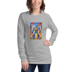 Gray long-sleeve shirt with blue robot and 777 slot design, perfect for gaming fans
