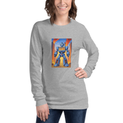 Gray long-sleeve shirt with blue robot and 777 slot design, perfect for gaming fans