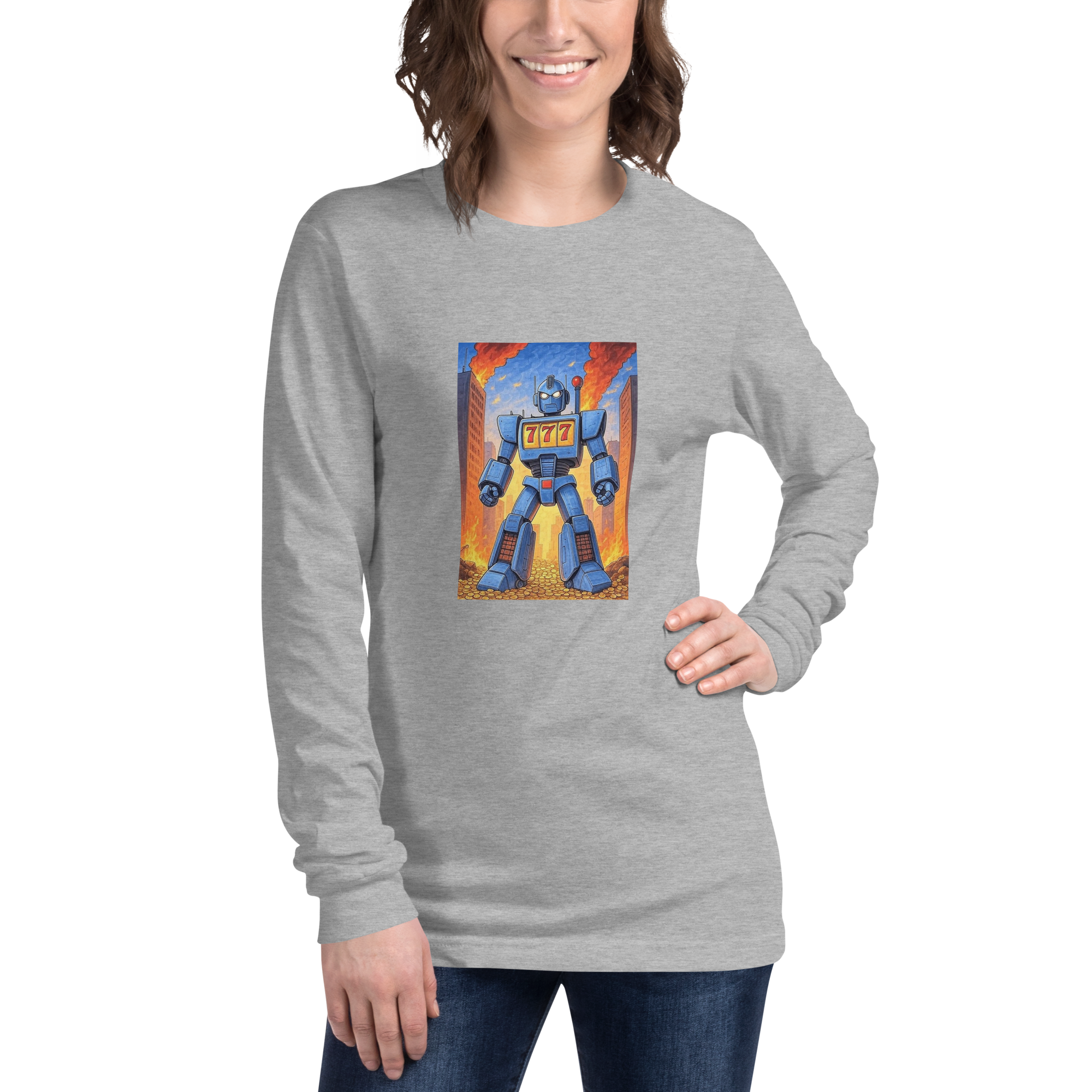 Gray long-sleeve shirt with blue robot and 777 slot design, perfect for gaming fans
