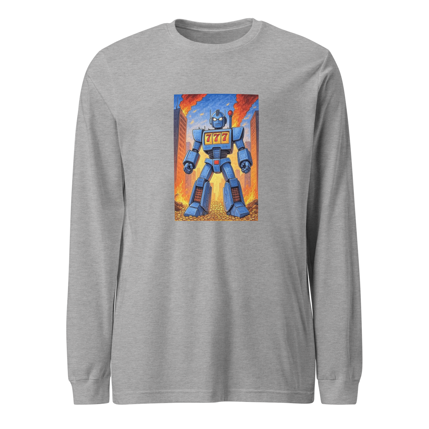 Gray long sleeve shirt with blue robot graphic featuring 777, coins, and cityscape background