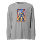Gray long sleeve shirt with blue robot graphic featuring 777, coins, and cityscape background
