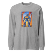 Gray long sleeve shirt with blue robot graphic featuring 777, coins, and cityscape background