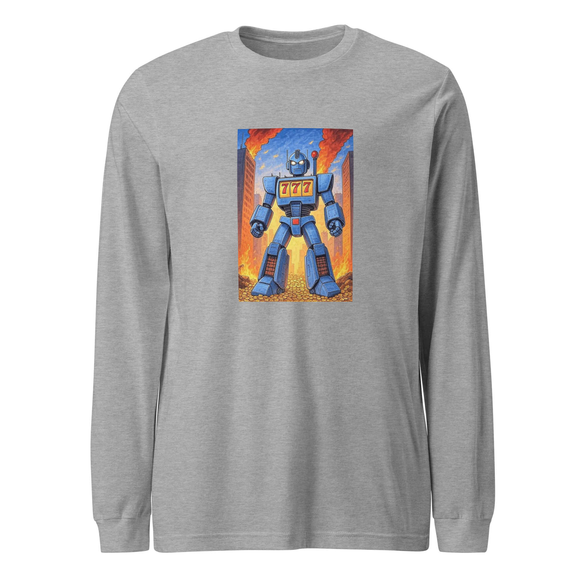 Gray long sleeve shirt with blue robot graphic featuring 777, coins, and cityscape background