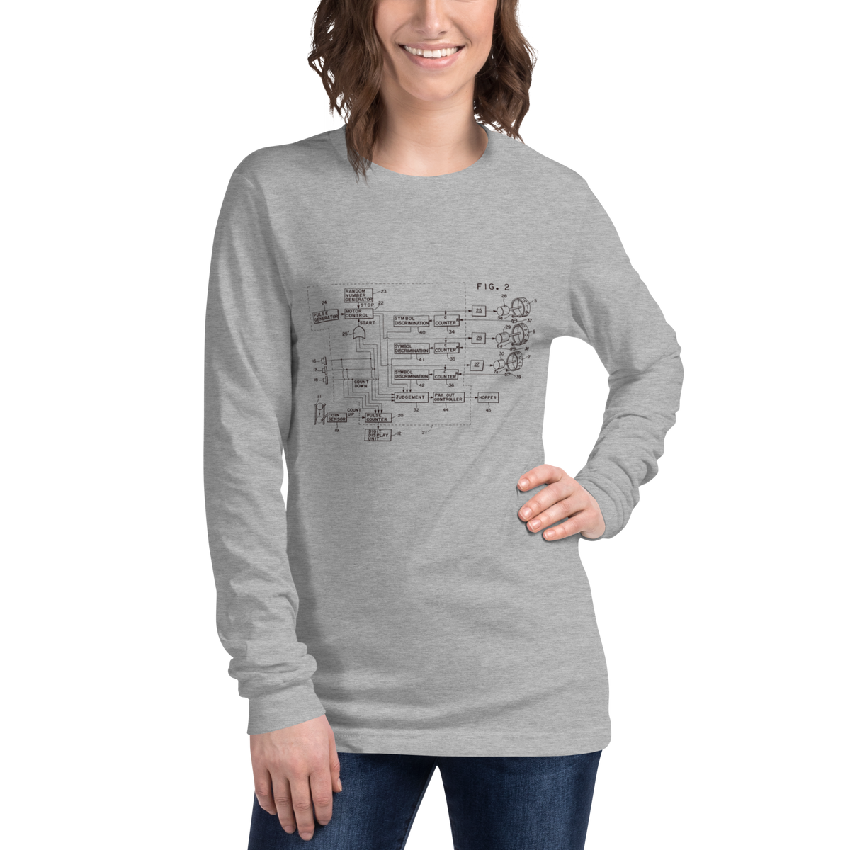 Woman wearing gray long sleeve shirt with slot machine schematic diagram, quirky gaming apparel for players