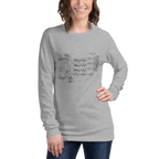 Woman wearing gray long sleeve shirt with slot machine schematic diagram, quirky gaming apparel for players