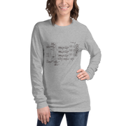 Woman wearing gray long sleeve shirt with slot machine schematic diagram, quirky gaming apparel for players