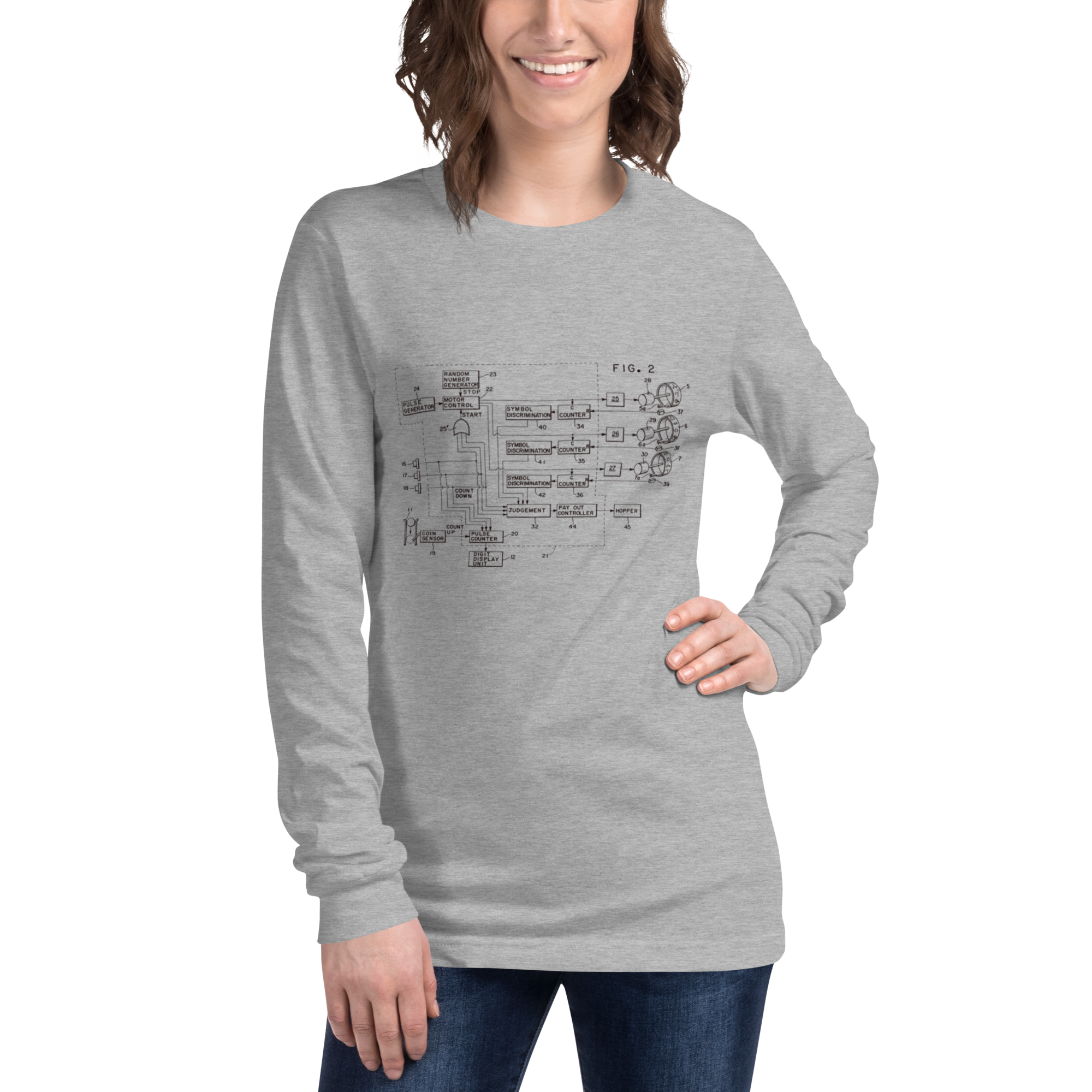 Woman wearing gray long sleeve shirt with slot machine schematic diagram, quirky gaming apparel for players