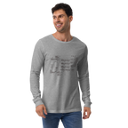 Man wearing gray long-sleeve shirt with slot machine schematic design, quirky casino-themed apparel for players