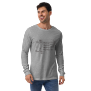 Man wearing gray long-sleeve shirt with slot machine schematic design, quirky casino-themed apparel for players