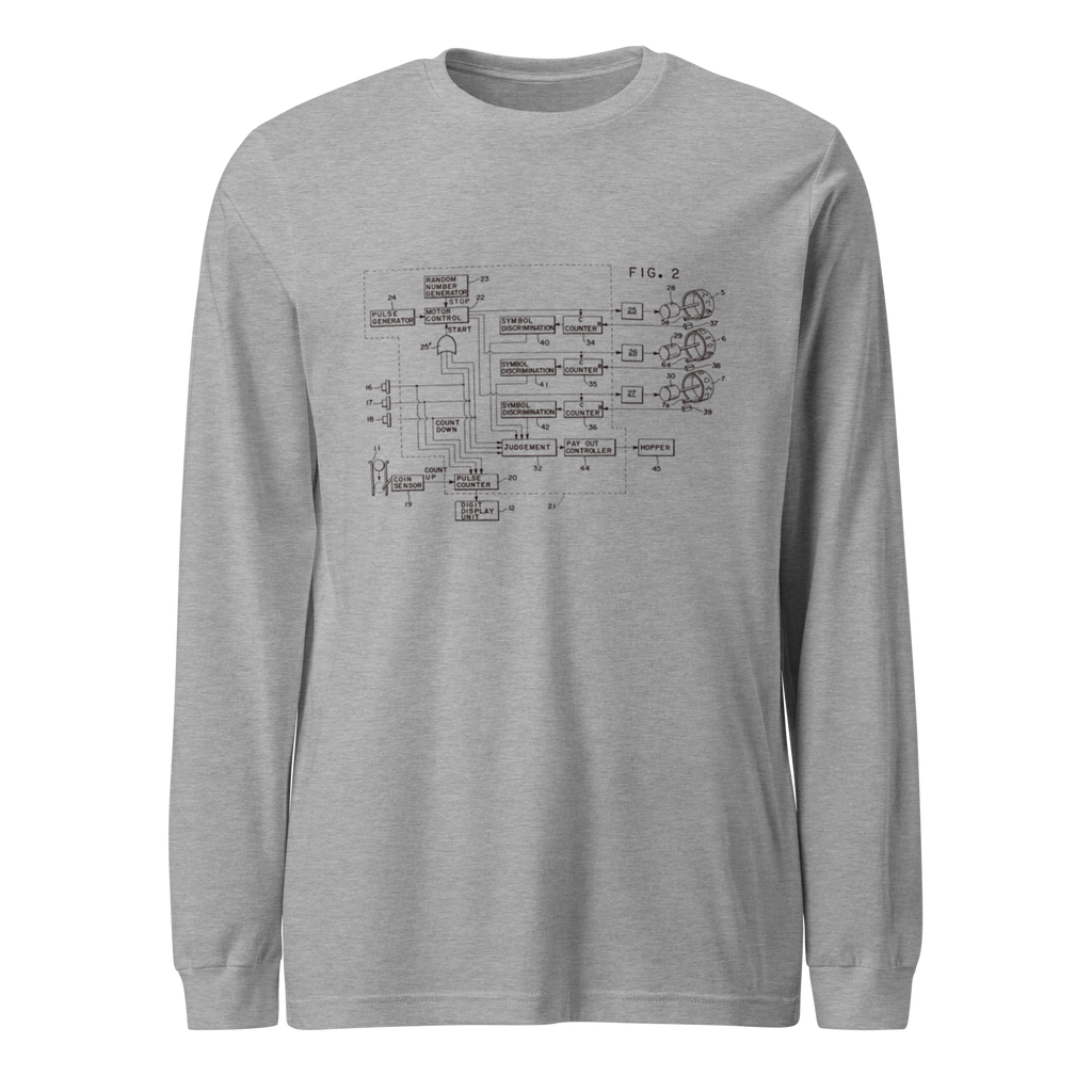 Gray long-sleeve shirt featuring a detailed slot machine patent diagram, perfect for casino enthusiasts and tech lovers.
