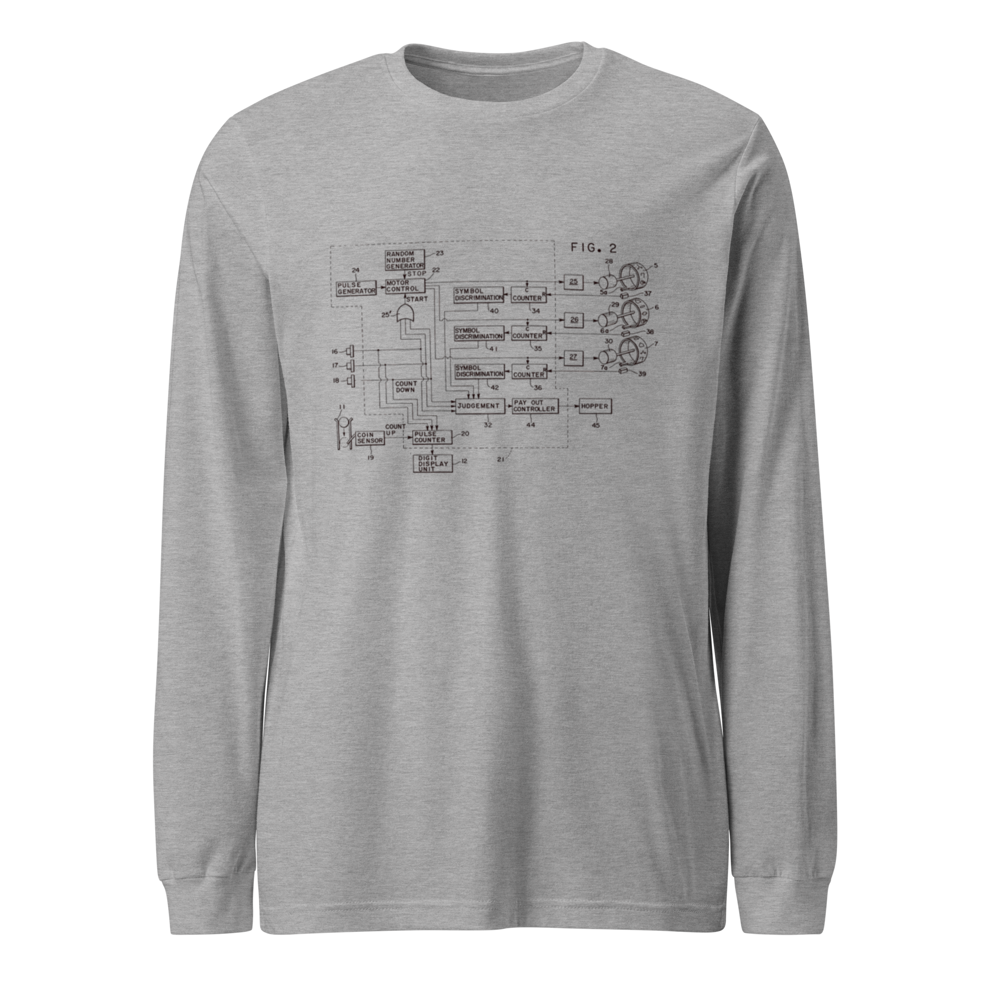 Gray long-sleeve shirt featuring a detailed slot machine patent diagram, perfect for casino enthusiasts and tech lovers.