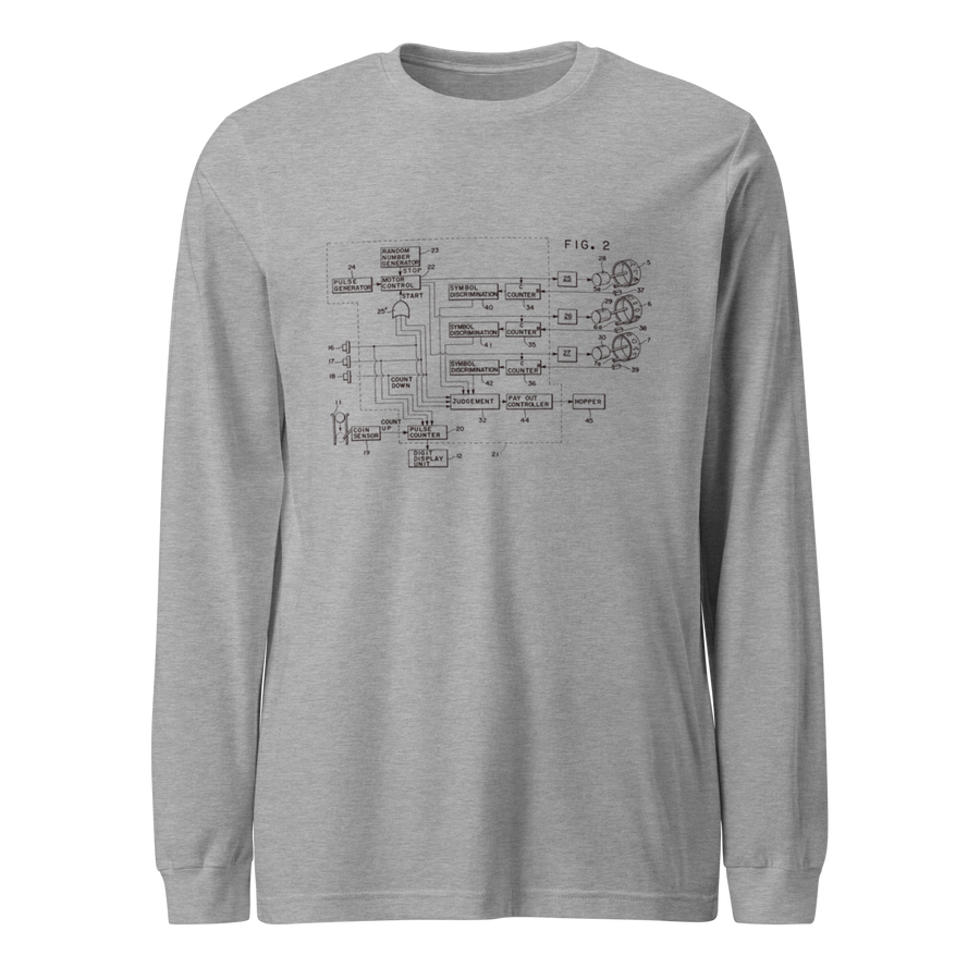 Gray long-sleeve shirt featuring a detailed slot machine patent diagram, perfect for casino enthusiasts and tech lovers.