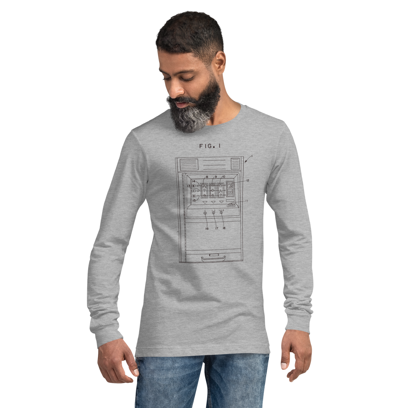 Man wearing gray long-sleeve shirt with slot machine patent diagram design, FIG. 1
