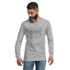 Man wearing gray long-sleeve shirt with slot machine patent diagram design, FIG. 1