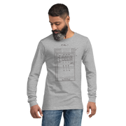 Man wearing gray long-sleeve shirt with slot machine patent diagram design, FIG. 1