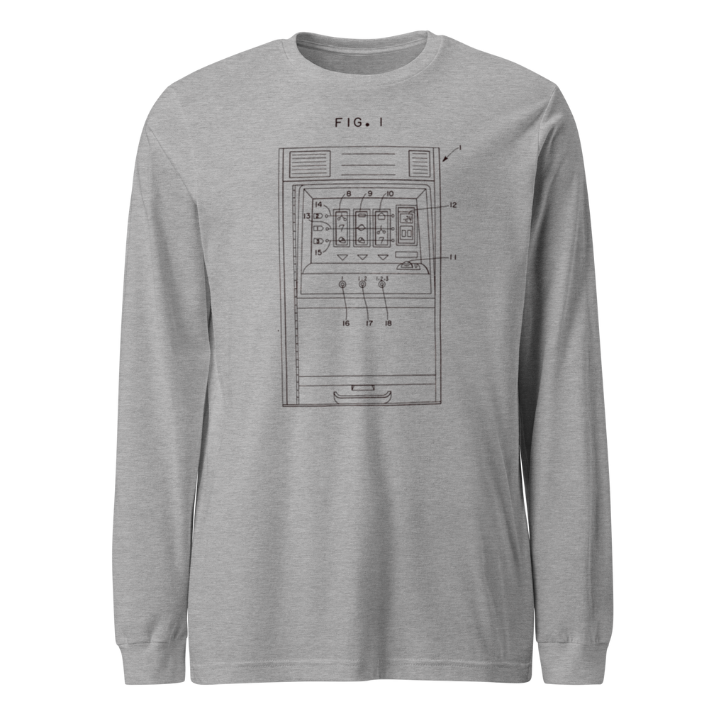 Gray long-sleeve shirt with slot machine patent diagram design, FIG. 1, for casino gaming fans