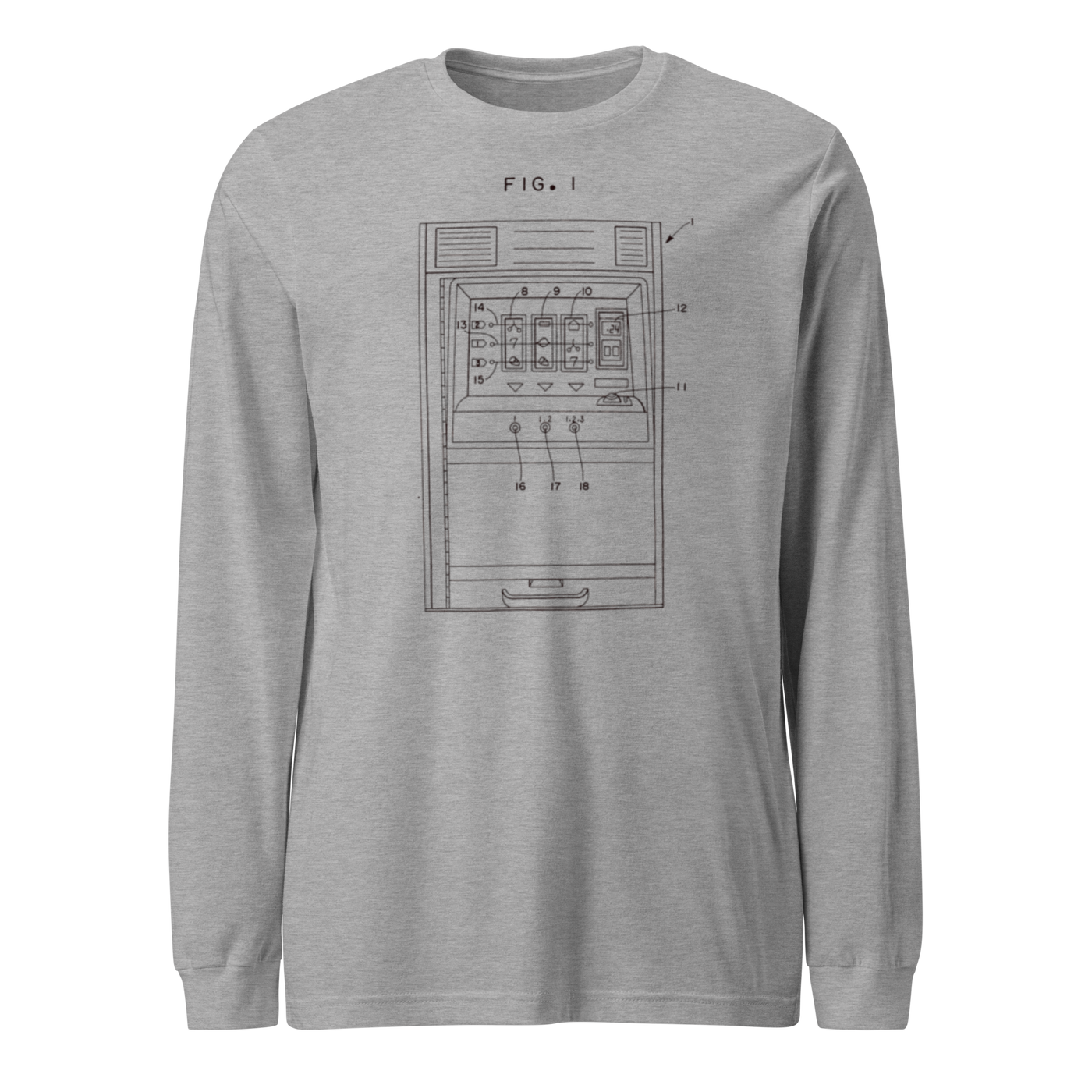 Gray long-sleeve shirt with slot machine patent diagram design, FIG. 1, for casino gaming fans