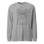 Gray long-sleeve shirt with slot machine patent diagram design, FIG. 1, for casino gaming fans