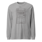 Gray long-sleeve shirt with slot machine patent diagram design, FIG. 1, for casino gaming fans