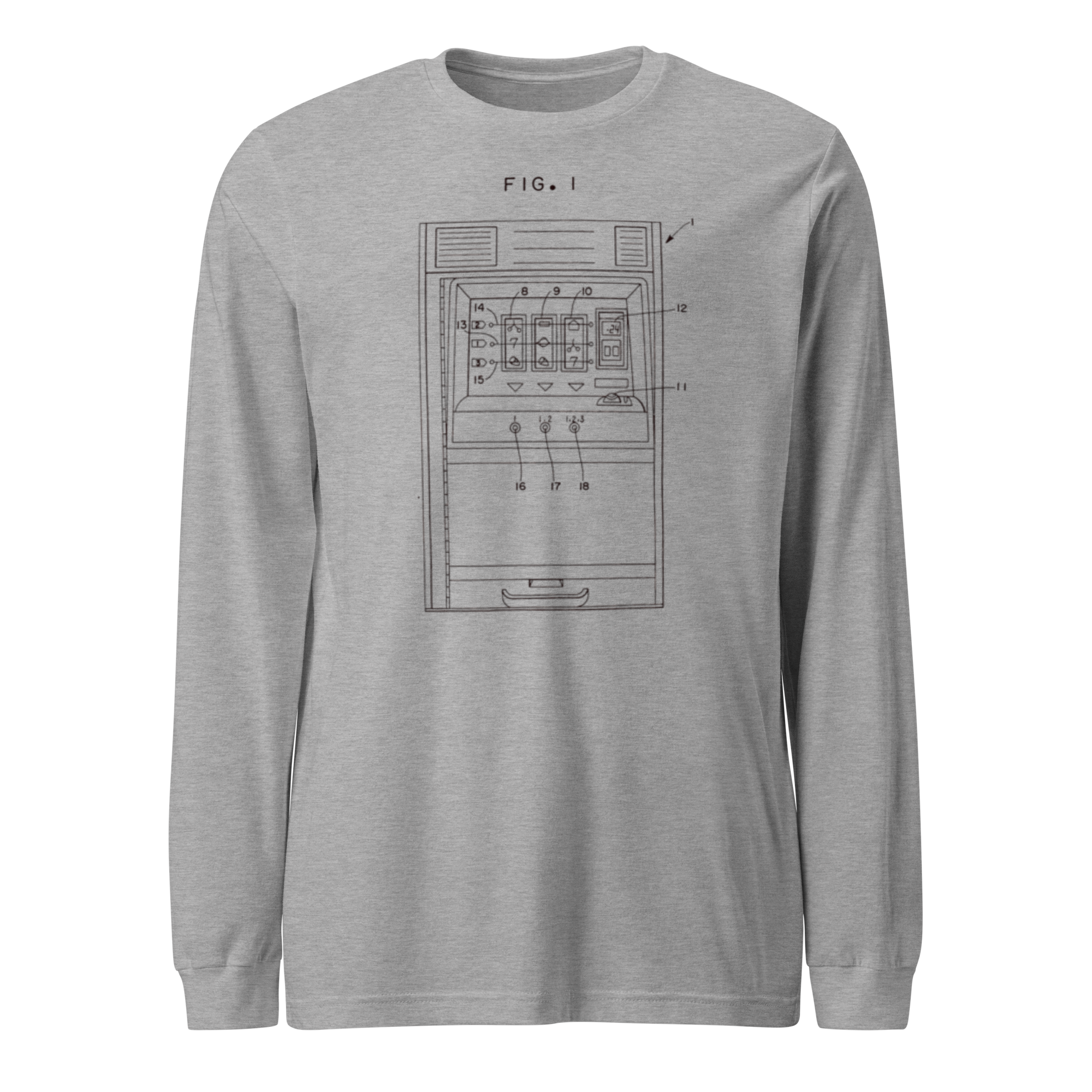Gray long-sleeve shirt with slot machine patent diagram design, FIG. 1, for casino gaming fans