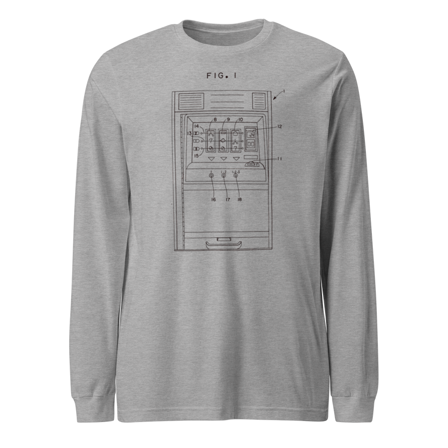 Gray long-sleeve shirt with slot machine patent diagram design, FIG. 1, for casino gaming fans