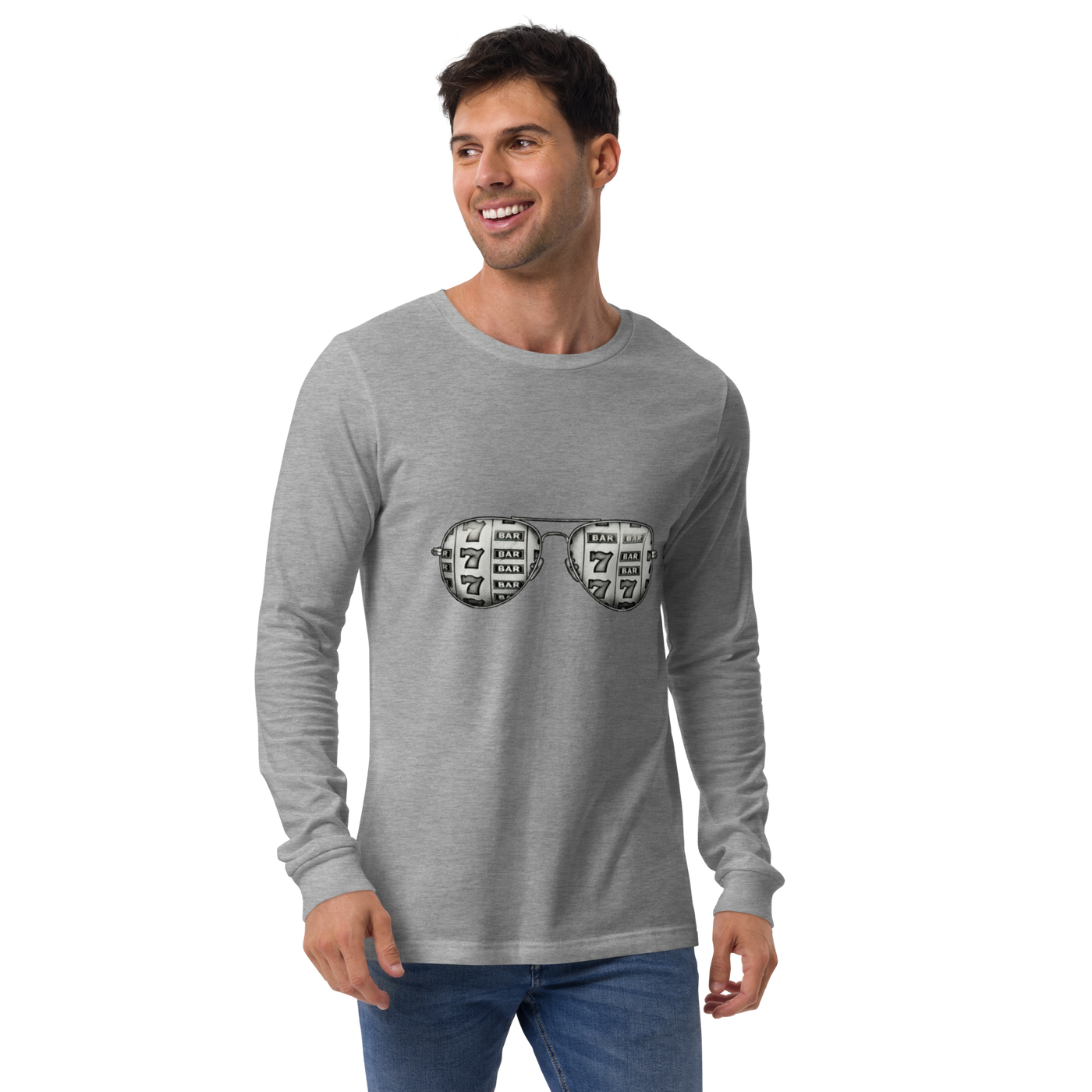 Man wearing gray long sleeve shirt with slot machine sunglasses graphic, quirky casino-themed apparel