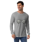 Man wearing gray long sleeve shirt with slot machine sunglasses graphic, quirky casino-themed apparel