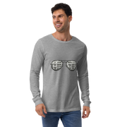 Man wearing gray long sleeve shirt with slot machine sunglasses graphic, quirky casino-themed apparel