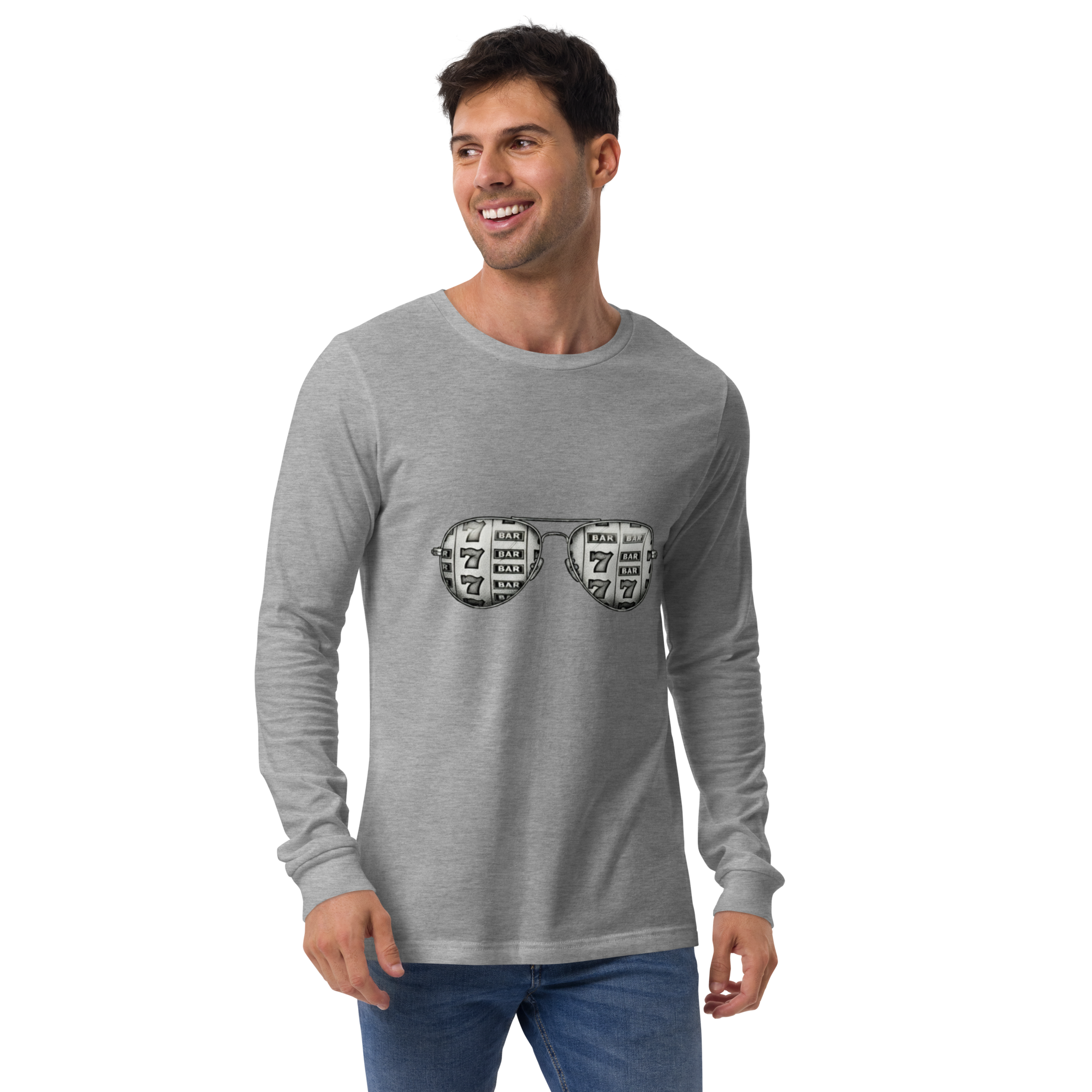 Man wearing gray long sleeve shirt with slot machine sunglasses graphic, quirky casino-themed apparel