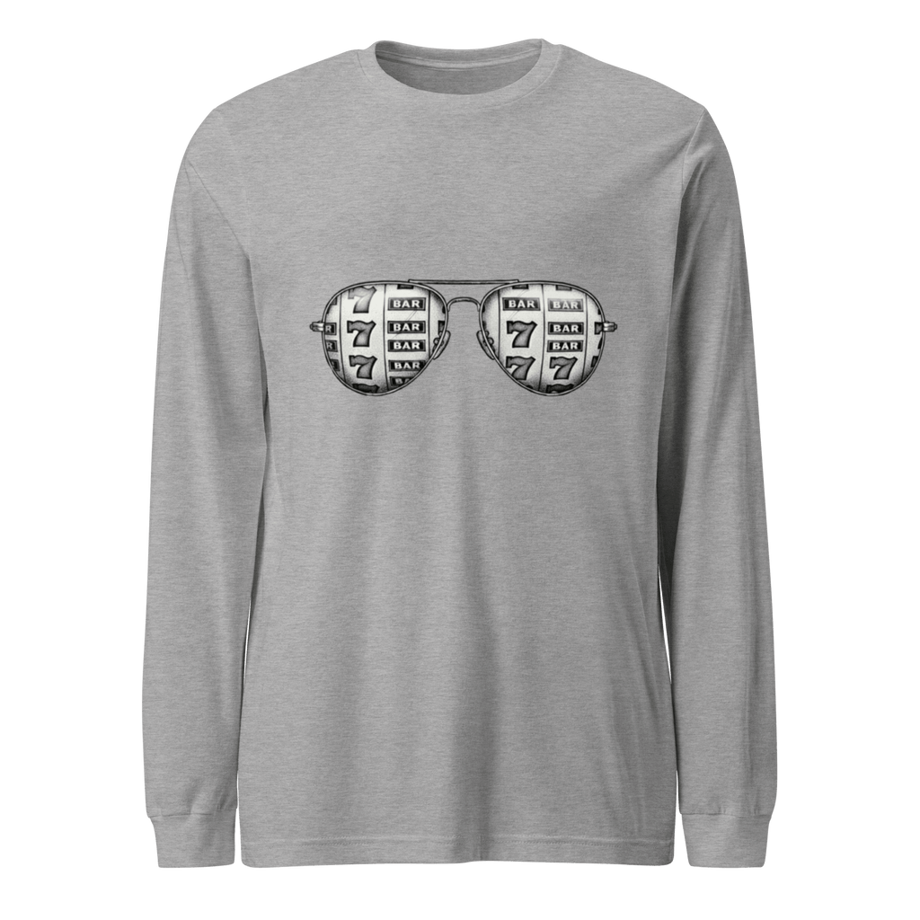 Gray long-sleeve shirt with slot machine sunglasses graphic, featuring 7s and BAR symbols for casino-themed fashion.