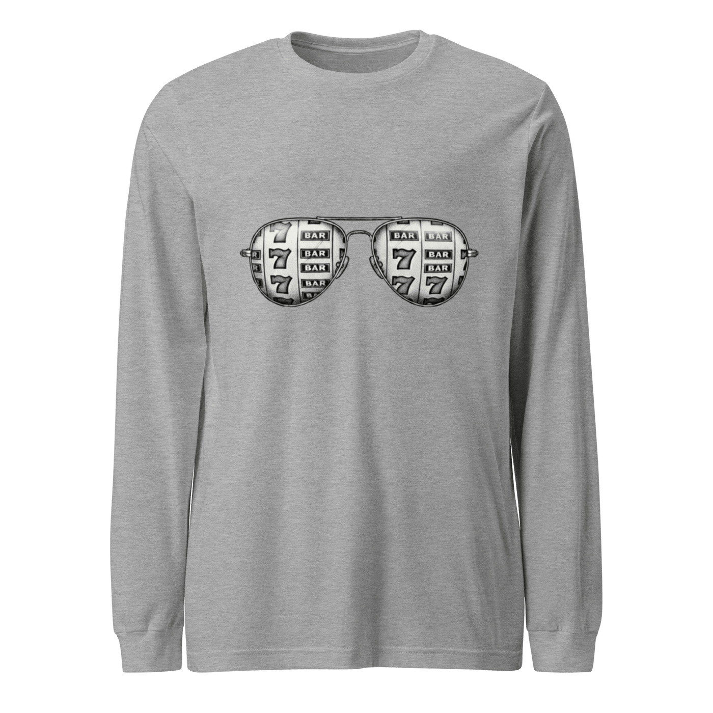 Gray long-sleeve shirt with slot machine sunglasses graphic, featuring 7s and BAR symbols for casino-themed fashion.