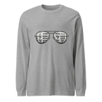 Gray long-sleeve shirt with slot machine sunglasses graphic, featuring 7s and BAR symbols for casino-themed fashion.
