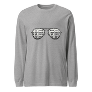Gray long-sleeve shirt with slot machine sunglasses graphic, featuring 7s and BAR symbols for casino-themed fashion.