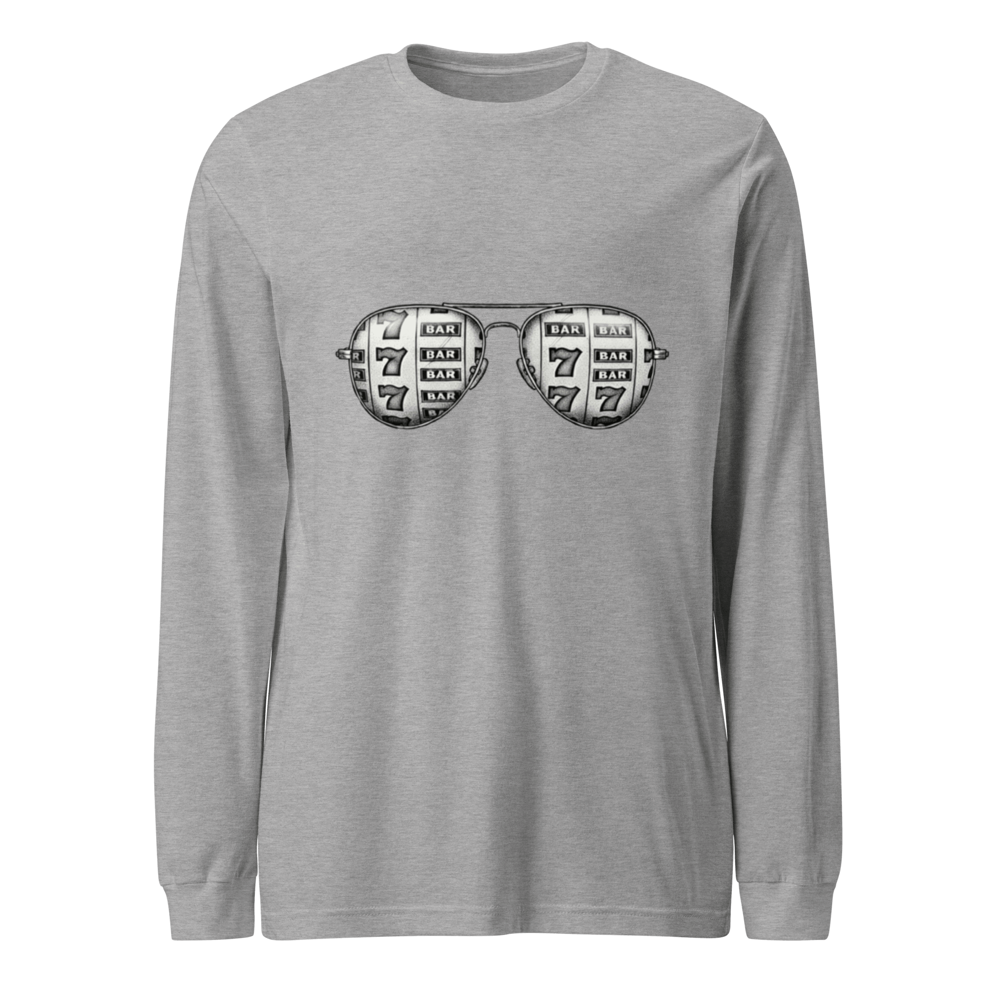 Gray long-sleeve shirt with slot machine sunglasses graphic, featuring 7s and BAR symbols for casino-themed fashion.
